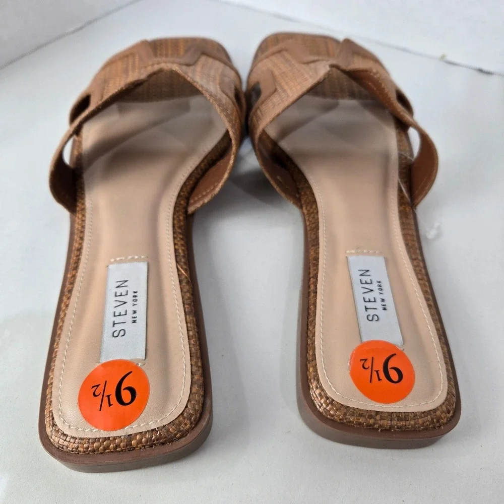 Steven‎ NY Size 9.5 Slide Sandals Brown Woven Raffia Square Toe H-Strap #1068
